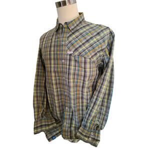 Columbia Blue Yellow Gray Plaid Men's Button Front Long Sleeve Shirt XL